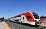 Caltrain Stadler KISS MU # 324 sits on the south end of a consist between assignments at SJC 